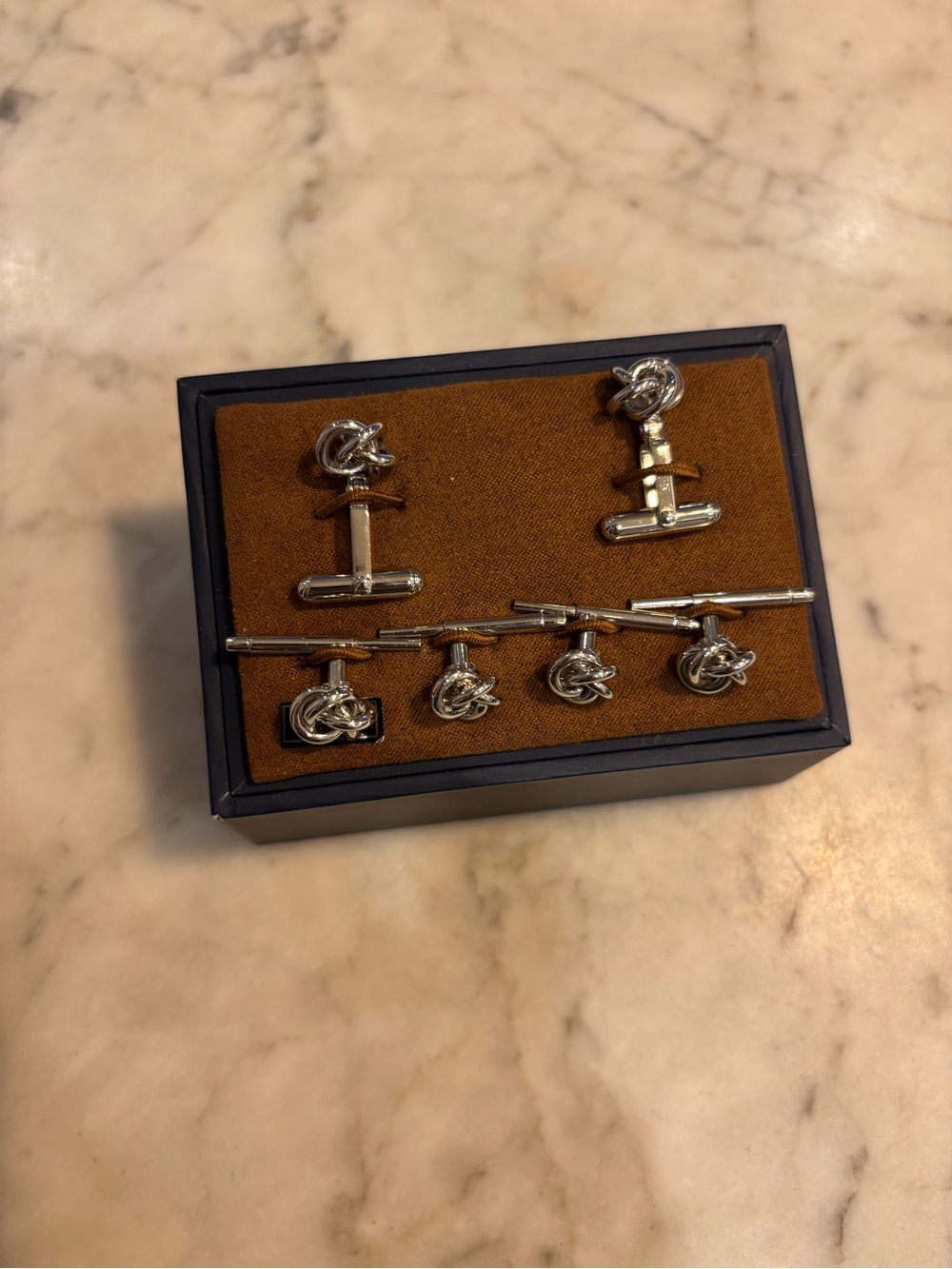 Silver Knot Cufflinks and Tie Bar Set